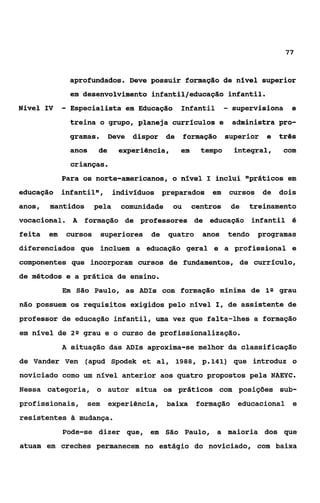 77



              aprofundados. Deve possuir formação de nível superior
              em desenvolvimento infantil/educação infantil.
Nivel IV     - Especialista em Educação         Infantil       -   supervisiona e
              treina o grupo, planeja currículos e                 administra pro-
              gramas.        Deve dispor de        formação superior e três
              anos      de     experiência,     em     tempo        integral,    com
              crianças.
             Para os norte-americanos, o nível I inclui "práticos em
educação infantil",           indivíduos preparados      em        cursos de    dois
anos,   mantidos       pela     comunidade    ou     centros       de   treinamento
vocacional.    A   formação de professores de educação infantil B
feita   em    cursos     superiores    de    quatro    anos    tendo     programas
diferenciados que incluem a educação geral e a profissional e
componentes que incorporam cursos de fundamentos, de currículo,
de métodos e a prática de ensino.
             Em São Paulo, as AüIs com formação mínima de 1Q grau
não possuem os requisitos exigidos pelo nível I, de assistente de
professor de educação infantil, uma vez que falta-lhes a formação
em nível de 2 Q grau e o curso de profissionalização.
             A situação das ADIs aproxima-se melhor da classificação

de Vander Ven (apud Spodek et al, 1988, p.141) que introduz o
noviciado corno um nível anterior aos quatro propostos pela NAEYC.
Nessa categoria, o autor situa os práticos com posições sub-
profissionais,     sem       experiência,    baixa    formação educacional e
resistentes & mudança.
             Pode-se dizer que, em São Paulo, a maioria dos que
atuam em creches permanecem no estágio do noviciado, com baixa
 