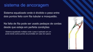 sistema de ancoragem​
Sistema equalizado onde é dividido o peso entre
dois pontos feito com fita tubular e mosquetão. ​
Na falta de fita pode ser usado pedaços de cordas
desde que esteja em perfeita condições​
Sistema equalizado múltiplo onde o peso é aplicado em um
ponto tendo outros pontos de prontidão em caso de ruptura ​
 