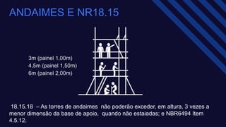 ANDAIMES E NR18.15​
3m (painel 1,00m)​
4,5m (painel 1,50m)​
6m (painel 2,00m)
18.15.18 – As torres de andaimes não poderão exceder, em altura, 3 vezes a
menor dimensão da base de apoio, quando não estaiadas; e NBR6494 Item
4.5.12.​
 