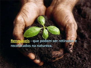 Renováveis- que podem ser retirados e recolocados na natureza.