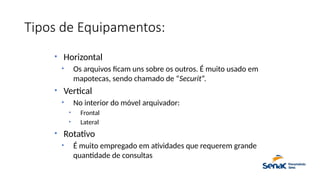 Tipos de Equipamentos:
• Horizontal
• Os arquivos ficam uns sobre os outros. É muito usado em
mapotecas, sendo chamado de “Securit”.
• Vertical
• No interior do móvel arquivador:
• Frontal
• Lateral
• Rotativo
• É muito empregado em atividades que requerem grande
quantidade de consultas
 