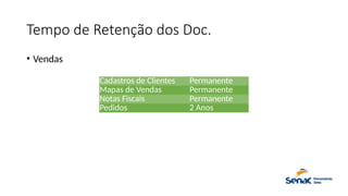 Tempo de Retenção dos Doc.
• Vendas
Cadastros de Clientes Permanente
Mapas de Vendas Permanente
Notas Fiscais Permanente
Pedidos 2 Anos
 