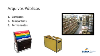 Arquivos Públicos
1. Correntes
2. Temporários
3. Permanentes
 