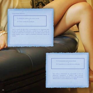 Capacidade defensiva


              T3: Rotina do público alvo muito corrida
                                    X
              S2: Forte controle da produção




      Com a correria do dia a dia, a conveniência é um importante fator
      na hora da venda. Para estimular a venda fora do PDV, pode ser
      criado um sistema de e-commerce no site, nas redes sociais e até em
      outros lugares, como o metrô ou banheiros femininos, através do
      mobile.




                                                                                 T2: Fornecedores sem exclusividade
                                                                                                     X
                                                                                 S3: Experiência no mercado de confecção




                                                                            Para evitar a informação ao concorrente e criar um
                                                                            diferencial competitivo, a Prefácio deve procurar
                                                                            fornecedores de menor tamanho, em busca de insumos
                                                                            diferenciados e exclusividade para a marca.




100
 