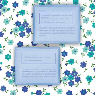 Debilidades


                                 O2: Aumento da personalização das peças pelos
                                 consumidores
                                 O3: Crescimento do e-commerce entre as mulheres
                                                    X
                                 W1: Fraco planejamento de comunicação


                              Aproveitando o crescimento do e-commerce e do conteúdo
                              colaborativo, a Prefácio pode criar um concurso onde as
                              clientes podem criar roupas e cadastrá-las no site. As peças
                              mais votadas pelo público serão produzidas e colocadas à
                              venda e os vencedores ganharão vale compras para produtos
                              da marca.




    O6: Crescimento do interesse por franchising
                        X
    W3: Processos desorganizados




Com o grande número de pessoas interessadas em se tornar
franqueados Prefácio e com a expansão da empresa em
outros estados, a diretoria pode selecionar os franqueados
mais experientes. Estes participarão de um conselho respon-
sável pelo planejamento do negócio, ajudando a marca a
crescer junto as suas franquias.




                                                                                             101
 