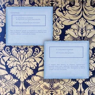 Vulnerabilidades


               T1: Concorrência consolidada
               T6: Preconceito com marcas desconhecidas
                                   X
               W1: Fraco planejamento de comunicação




      Para se diferenciar perante a concorrência e aparecer ainda
      mais no mercado, a Prefácio deve estruturar a sua área de comu-
      nicação e planejar a promoção da empresa.




                                                                                   T1: Concorrência consolidada
                                                                                                       X
                                                                                   W3: Processos desorganizados




                                                                        A empresa deve estruturar os processos organizacionais
                                                                        buscando reduzir custos, agilizando e dinamizando o negócio.
                                                                        Com isso, a empresa terá um melhor desempenho na hora de
                                                                        competir com suas concorrentes.




102
 