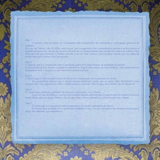 Gap 1
              O primeiro Gap se baseia na comparação entre a expectativa do consumidor e a percepção gerencial da
      empresa.
      No caso da Prefácio, não há falhas nesta lacuna, pois a expectativa das consumidoras é positiva e as funcionárias e
      gerentes percebem isso, através de conversa informal com as clientes durante visitas às lojas em cada nova coleção. Para
      evitar que este gap aconteça, a Prefácio estimula o uso do “Fale Conosco” para qualquer assunto que não esteja de
      acordo tanto para clientes como funcionárias.

      Gap 2
      O segundo gap é a comparação entre a percepção gerencial e especiﬁcação da qualidade do produto.
      As funcionárias da loja mantém o padrão de atendimento exigido pela direção da marca Prefácio. Não existe nenhuma
      discrepância entre o exigido e o que realmente acontece nas lojas.

      Gap 3
      O terceiro gap é sobre a especiﬁcação do serviço em comparação com a prestação do serviço.
             As consumidoras aﬁrmam que o serviço entrega exatamente aquilo que se espera dele. Atendimento como
      qualquer outra loja, seguindo um mesmo modelo usado no mercado. Não há gap, mas também não há diferencial.

      Gap 4
      No quarto gap, avalia-se a prestação de serviço e comunicação com o cliente.
             Como no caso da Prefácio, o serviço não é produto vendido pela empresa, a comunicação da mesma é exclusiva-
      mente voltada para as roupas. Portanto, não há gap entre o serviço prestado e a comunicação com o cliente.

      Gap 5
             O quinto gap é a comparação entre a expectativa do cliente e percepção do mesmo.
             As clientes saem satisfeitas com o atendimento recebido na loja, o serviço não supera nem decepciona as consumi-
      doras, não alterando suas expectativas.




104
 