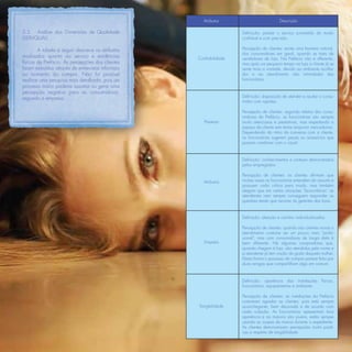 Atributos                         Descrição

5.5 Análise das Dimensões de Qualidade                             Deﬁnição: prestar o serviço prometido de modo
(SERVQUAL)                                                         conﬁável e com precisão.

        A tabela a seguir descreve os atributos                    Percepção de clientes: existe uma barreira natural,
                                                                   dos consumidores em geral, quando se trata de
analisados quanto ao serviço e evidências          Conﬁabilidade   vendedores de loja. Na Prefácio não é diferente,
físicas da Prefácio. As percepções dos clientes                    mas após um pequeno tempo na loja a cliente já se
foram extraídas através de entrevistas informais                   sente mais a vontade, devido ao ambiente acolhe-
no momento da compra. Não foi possível                             dor e ao atendimento não intimidador das
realizar uma pesquisa mais detalhada, pois um                      funcionárias.
processo maior poderia assustar ou gerar uma
percepção negativa para as consumidoras,
segundo a empresa.                                                 Deﬁnição: disposição de atender e ajudar o consu-
                                                                   midor com rapidez.

                                                                   Percepção de clientes: segundo relatos das consu-
                                                                   midoras da Prefácio, as funcionárias são sempre
                                                     Presteza      muito atenciosas e prestativas, mas respeitando o
                                                                   espaço da cliente sem tentar empurrar mercadorias.
                                                                   Dependendo do ritmo da conversa com a cliente,
                                                                   as funcionárias sugerem peças ou acessórios que
                                                                   possam combinar com o visual.


                                                                   Deﬁnição: conhecimentos e cortesia demonstrados
                                                                   pelos empregados.

                                                                   Percepção de clientes: as clientes aﬁrmam que
                                                     Atributos     muitas vezes as funcionárias entendem do assunto e
                                                                   possuem visão crítica para moda, mas também
                                                                   alegam que em certas situações “burocráticas” as
                                                                   atendentes nem sempre conseguem responder as
                                                                   questões tendo que recorrer às gerentes das lojas.


                                                                   Deﬁnição: atenção e carinho individualizados.

                                                                   Percepção de clientes: quando são clientes novas o
                                                                   atendimento costuma ser um pouco mais “proﬁs-
                                                                   sional”, mas com consumidoras de longa data é
                                                     Empatia       bem diferente. Há algumas compradoras que,
                                                                   quando chegam à loja, são atendidas pelo nome e
                                                                   a atendente já tem noção do gosto daquela mulher.
                                                                   Desta forma o processo de compra parece feito por
                                                                   duas amigas que compartilham algo em comum.


                                                                   Deﬁnição: aparência das instalações         físicas,
                                                                   funcionários, equipamentos e ambiente.

                                                                   Percepção de clientes: as instalações da Prefácio
                                                                   costumam agradar as clientes, pois está sempre
                                                   Tangibilidade   aconchegante, bem decorada e de acordo com
                                                                   cada coleção. As funcionárias apresentam boa
                                                                   aparência e na maioria são jovens, estão sempre
                                                                   usando as roupas da marca durante o expediente.
                                                                   As clientes demonstraram percepções muito positi-
                                                                   vas a respeito de tangibilidade.
 