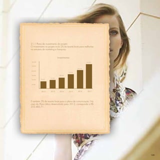 21.1 Plano de investimento do projeto
O investimento no projeto inclui 2% da receita bruta para melhorias
na estrutura de marketing e franquias.


                              Investimentos
300.000                                                       278.452


250.000

                                                    214.194

200.000
                                          154.764

150.000                         196.742

                    101.393
100.000    84.495



50.000




           2012      2013       2014      2015      2016       2017




E também 5% da receita bruta para o plano de comunicação. No
caso do Plano tático desenvolvido para 2013, corresponde a R$
253.483,71.




                                                                        149
 