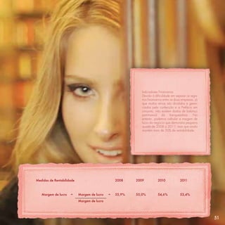 Indicadores Financeiros
                                                            Devido à diﬁculdade em separar os regis-
                                                            tros ﬁnanceiros entre as duas empresas, já
                                                            que muitos ativos são divididos e geren-
                                                            ciados pela confecção e a Prefácio em
                                                            conjunto, não existem dados de balanço
                                                            patrimonial da franqueadora. No
                                                            entanto, podemos calcular a margem de
                                                            lucro do negócio que demonstra pequena
                                                            queda de 2008 a 2011, mas que ainda
                                                            mantém mais de 50% de rentabilidade.




Medidas de Rentabilidade                         2008    2009          2010             2011



   Margem de lucro   =     Margem de lucro   =   55,9%   55,0%         54,6%            53,4%

                           Margem de lucro




                                                                                                         51
 