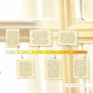 Assim como nos                                   Já nos anos 70, o estilo hippie
demais países, a moda                                 domina a moda jovem, com                              Nos anos 90, o auge é a
  no Brasil começou a                             calças boca-de-sino e batas estilo                      androginia. Ternos, blazeres,
  ser mais bem desen-                              indianas. Mas essa também é a                           calças retas, para ambos os
hada a partir dos anos                              época da discoteca, do brilho,                        sexos. A partir desta década
  50, com a chegada                                    do exagero. Com a novela                          surgiram as supertops, modelos
   da televisão e do                                  “Dancing Days” as jovens se                          cotadas e muito requisitadas
cinema. Era possível se                           começaram a usar roupas colori-                          que, com seus corpos muito
deparar com jovens de                             das e meia arco-íris para ﬁcarem                        magros, inﬂuenciam a estética
vestidos bem rodados,                             igual à personagem interpretada                             e o padrão da época.
 sapatilhas e casaquin-                                  pela atriz Sônia Braga.
   hos inspirados nas
    grandes atrizes.




      Anos 50                     Anos 60                   Anos 70                    Anos 80                    Anos 90                 Século XX1




                                                                                                                                    No século 21, é possível
                                                                                    As mulheres usavam                                encontrar todos esses
                            O Jeito Andrógeno e o                               roupas que se atavam ao                            estilos ditos acima mistura-
                           rostinho de boneca com                                busto, com vestidos mais                             dos nas coleções das
                          olhos e cílios grandes que                             alegres e decorados. O                             lojas. Hoje, a moda no
                            marcou os anos 60. A                                uso dos chapéus também                             Brasil vai e volta com tudo
                           moda trouxe também os                               foi acentuado. Os homens                             o que era usado antiga-
                          vestidos tubinhos que eram                           de classe alta começaram                             mente e as lojas seguem
                             bem agarradinhos e                                 a usar roupas mais pesa-                            essas tendências antigas
                          mostravam todas as formas                                das numa espécie de                             democratizando a moda e
                             do corpo e foram um                                 jaqueta e também saias                              dando a oportunidade
                            grande sucesso. Esses                                 que iam da cintura aos                             para as pessoas escol-
                          vestidos eram estampados                              joelhos. Já as pessoas de                           herem o que faz elas se
                              e sempre com cores                                    classe social inferior                           sentirem melhor e mais
                                   vibrantes.                                    usavam blusas, calças e                                    confortável.
                                                                                      vestidos simples.




                                                                                                                      Linha do tempo da moda no Brasil



                                                                                                                                                                  55
 
