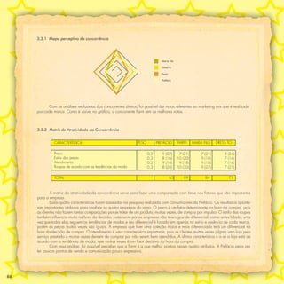 3.3.1 Mapa perceptivo da concorrência




                                                                               Maria Filó

                                                                               Dress to

                                                                               Farm

                                                                               Prefácio




           Com as análises realizadas dos concorrentes diretos, foi possível dar notas referentes ao marketing mix que é realizado
     por cada marca. Como é visível no gráﬁco, a concorrente Farm tem as melhores notas.



     3.3.2 Matriz de Atratividade da Concorrência


               CARACTERÍSTICA                                   PESO         PREFÁCIO       FARM        MARIA FILÓ     DRESS TO

               Preço                                                   0,3      9   (27)     7   (21)       7   (21)       8   (24)
               Estilo das peças                                        0,2      8   (16)    10   (20)       9   (18)       7   (14)
               Atendimento                                             0,2      9   (18)     9   (18)       9   (18)       7   (14)
               Roupas de acordo com as tendências da moda              0,3      8   (24)    10   (30)       9   (27)       7   (21)

               TOTAL                                                                  85         89             84             73



             A matriz da atratividade da concorrência serve para fazer uma comparação com base nos fatores que são importantes
     para a empresa.
             Essas quatro características foram baseadas na pesquisa realizada com consumidores da Prefácio. Os resultados aponta-
     ram importantes atributos para analisar as quatro empresas do ramo. O preço é um fator determinante na hora da compra, pois
     as clientes não fazem tantas comparações por se tratar de um produto, muitas vezes, de compra por impulso. O estilo das roupas
     também inﬂuencia muito na hora da decisão, justamente por as empresas não terem grande diferencial, como antes falado, uma
     vez que todas elas seguem as tendências de modas e seu diferencial é focado em apenas no estilo e essência de cada marca,
     porém as peças muitas vezes são iguais. A empresa que tiver uma coleção maior e mais diferenciada terá um diferencial na
     hora da decisão de compra. O atendimento é uma característica importante, pois os clientes muitas vezes julgam uma loja pelo
     serviço prestado e muitas vezes deixam de comprar por não serem bem atendidos. A última característica é a se a loja está de
     acordo com a tendência de moda, que muitas vezes é um fator decisivo na hora da compra.
             Com essa análise, foi possível perceber que a Farm é a que melhor pontua nesses quatro atributos. A Prefácio peca por
     ter poucos pontos de venda e comunicação pouco expressiva.




66
 