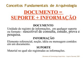 Conceitos Fundamentais de Arquivologia
DOCUMENTO =
SUPORTE + INFORMAÇÃO
DOCUMENTO
Unidade de registro de informações, em qualquer suporte
ou formato - suscetível de consulta, estudo, prova e
pesquisa.
INFORMAÇÃO
Elemento referencial, noção, idéia ou mensagem contidos
em um documento.
SUPORTE
Material no qual são registradas as informações.
Dicionário de Terminologia Arquivística – Arquivo Nacional, 2005.
 