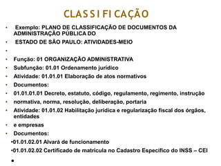 • Exemplo: PLANO DE CLASSIFICAÇÃO DE DOCUMENTOS DA
ADMINISTRAÇÃO PÚBLICA DO
• ESTADO DE SÃO PAULO: ATIVIDADES-MEIO
•
• Função: 01 ORGANIZAÇÃO ADMINISTRATIVA
• Subfunção: 01.01 Ordenamento jurídico
• Atividade: 01.01.01 Elaboração de atos normativos
• Documentos:
• 01.01.01.01 Decreto, estatuto, código, regulamento, regimento, instrução
• normativa, norma, resolução, deliberação, portaria
• Atividade: 01.01.02 Habilitação jurídica e regularização fiscal dos órgãos,
entidades
• e empresas
• Documentos:
●01.01.02.01 Alvará de funcionamento
●01.01.02.02 Certificado de matrícula no Cadastro Específico do INSS – CEI
●
CLAS S I FI CAÇÃO
 