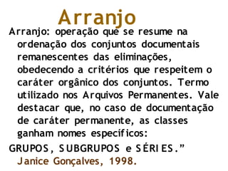 Arranjo: operação que se resume na
ordenação dos conjuntos documentais
remanescentes das eliminações,
obedecendo a critérios que respeitem o
caráter orgânico dos conjuntos. Termo
utilizado nos Arquivos Permanentes. Vale
destacar que, no caso de documentação
de caráter permanente, as classes
ganham nomes específicos:
GRUPOS , S UBGRUPOS e S ÉRI ES .”
Janice Gonçalves, 1998.
Arranjo
 