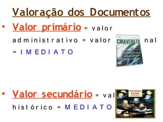 Valoração dos Documentos
• Valor primário = v alo r
ad m in is t r at iv o = v alo r f u n c io n al
= I M E D I A T O
• Valor secundário = v alo r
h is t ó r ic o = M E D I A T O
 