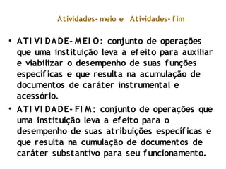 • ATI VI DADE- MEI O: conjunto de operações
que uma instituição leva a efeito para auxiliar
e viabilizar o desempenho de suas funções
específicas e que resulta na acumulação de
documentos de caráter instrumental e
acessório.
• ATI VI DADE- FI M: conjunto de operações que
uma instituição leva a efeito para o
desempenho de suas atribuições específicas e
que resulta na cumulação de documentos de
caráter substantivo para seu funcionamento.
Atividades- meio e Atividades- fim
 