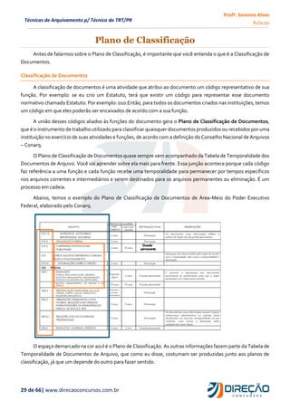 Profª. Serenna Alves
Aula 00
29 de 66| www.direcaoconcursos.com.br
Técnicas de Arquivamento p/ Técnico do TRT/PR
Plano de Classificação
Antes de falarmos sobre o Plano de Classificação, é importante que você entenda o que é a Classificação de
Documentos.
Classificação de Documentos
A classificação de documentos é uma atividade que atribui ao documento um código representativo de sua
função. Por exemplo: se eu crio um Estatuto, terá que existir um código para representar esse documento
normativo chamado Estatuto. Por exemplo: 010.Então, para todos os documentos criados nas instituições, temos
um código em que eles poderão ser encaixados de acordo com a sua função.
A união desses códigos aliados às funções do documento gera o Plano de Classificação de Documentos,
que é o instrumento de trabalho utilizado para classificar quaisquer documentos produzidos ou recebidos por uma
instituição no exercício de suas atividades e funções, de acordo com a definição do Conselho Nacional de Arquivos
– Conarq.
O Plano de Classificação de Documentos quase sempre vem acompanhado da Tabela de Temporalidade dos
Documentos de Arquivo. Você vai aprender sobre ela mais para frente. Essa junção acontece porque cada código
faz referência a uma função e cada função recebe uma temporalidade para permanecer por tempos específicos
nos arquivos correntes e intermediários e serem destinados para os arquivos permanentes ou eliminação. É um
processo em cadeia.
Abaixo, temos o exemplo do Plano de Classificação de Documentos de Área-Meio do Poder Executivo
Federal, elaborado pelo Conarq.
O espaço demarcado na cor azul é o Plano de Classificação. As outras informações fazem parte da Tabela de
Temporalidade de Documentos de Arquivo, que como eu disse, costumam ser produzidas junto aos planos de
classificação, já que um depende do outro para fazer sentido.
 