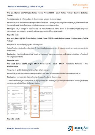 Profª. Serenna Alves
Aula 00
31 de 66| www.direcaoconcursos.com.br
Técnicas de Arquivamento p/ Técnico do TRT/PR
Ano: 2018 Banca: CESPE Órgão: Polícia Federal Prova: CESPE - 2018 - Polícia Federal - Escrivão de Polícia
Federal
Acerca da gestão da informação e de documentos, julgue o item que segue.
A classificação de documentos de arquivo é realizada com a aplicação do código de classificação, instrumento que
é preparado a partir das funções e atividades que gerem os documentos.
Resolução: sim, o código de classificação é o instrumento que elenca todas as atividades/funções orgânicas
institucionais por códigos e a classificação de documentos é feita a partir dele.
Resposta: certa
Ano: 2018 Banca: CESPE Órgão: Polícia Federal Prova: CESPE - 2018 - Polícia Federal - Papiloscopista Policial
Federal
A respeito de arquivologia, julgue o item seguinte.
Aclassificação estrutural,umdos tiposde classificação de documentos de arquivo,baseia-se na estrutura orgânica
da entidade.
Resolução: a classificação estrutural baseia as classes do plano na estrutura orgânica da entidade e a funcional,
nas funções/atividades
Resposta: certa
Ano: 2018 Banca: CESPE Órgão: EMAP Prova: CESPE - 2018 - EMAP - Assistente Portuário - Área
Administrativa
A respeito de gestão de documentos, julgue o item a seguir.
A classificação dos documentos de arquivo é feita por meio do plano denominado plano de destinação.
Resolução: o nome correto é plano/código de classificação de documentos.
O Plano de Destinação corresponde ao espaço em que a destinação (guarda permanente ou eliminaçã0 é feita,
como no exemplo do Plano do Conarq abaixo:
Resposta: errada
 