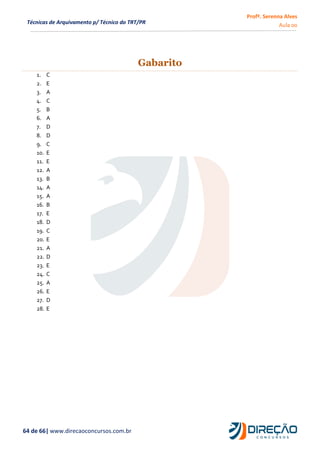 Profª. Serenna Alves
Aula 00
64 de 66| www.direcaoconcursos.com.br
Técnicas de Arquivamento p/ Técnico do TRT/PR
Gabarito
1. C
2. E
3. A
4. C
5. B
6. A
7. D
8. D
9. C
10. E
11. E
12. A
13. B
14. A
15. A
16. B
17. E
18. D
19. C
20. E
21. A
22. D
23. E
24. C
25. A
26. E
27. D
28. E
 