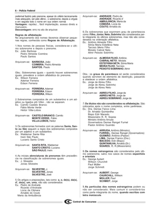 6 - Polícia Federal
Central de Concursos
preferível fazê-lo pelo prenome, apesar do critério tecnicamente
mais adequado, ser pelo último , o sobrenome, depois a vírgula
e em seguida todo o nome em sua ordem normal.
Vantagem: rapidez , fácil implantação, acesso direto e
manuseio.
Desvantagem: erro no ato de arquivar.
Regras de alfabetação
No arquivamento dos nomes devemos observar peque-
nas regras, conhecida como Regras de Alfabetação.
1.Nos nomes de pessoas físicas, considera-se o últi-
mo sobrenome e depois o prenome.
Ex.: João Barbosa
Pedro Almeida Coimbra
Paulo Santos
Arquivam-se: BARBOSA, João
COIMBRA, Pedro Almeida
SANTOS, Paulo
Obs.: Sobrenomes iguais – quando houver sobrenomes
iguais, prevalece a ordem alfabética do prenome.
Ex.: Wilson Ferreira
Ademar Ferreira
Edson Ferreira
Arquivam-se: FERREIRA,Ademar
FERREIRA, Edson
FERREIRA, Wilson
2.Sobrenomes compostos de um substantivo e um ad-
jetivo ou ligados pôr hífen , não se separam.
Ex.: Camilo Castelo Branco
Fábio Monte Verde
Heitor Villa-Lobos
Arquivam-se: CASTELO BRANCO, Camilo
MONTE VERDE, Fábio
VILLA-LOBOS, Heitor
3.Os sobrenomes formados com as palavras Santa, San-
to ou São seguem a regra dos sobrenomes compostos
por um adjetivo e um substantivo.
Ex.: Waldemar Santa Rita
Irwin São Paulo
Luciano Santo Cristo
Arquivam-se: SANTA RITA, Waldemar
SANTO CRISTO, Luciano
SÃO PAULO, Irwin
4.As iniciais abreviaturas de prenomes têm precedên-
cia na classificação de sobrenomes iguais:
Ex.: J. Silvestre
Jonas Silvestre
Arquivam-se: SILVESTRE, J.
SILVESTRE, Jonas
SILVESTRE, José
5.Os artigos e preposições, tais como: a, o, de(s), da(s),
d’, do(s), um, uma, não são considerados
Ex.: Pedro de Andrade
Ricardo d’Andrade
Lúcia da Câmara
Arnaldo do Couto
Maria da Ambulância
Arquivam-se: ANDRADE, Pedro de
ANDRADE, Ricardo d’
AMBULÂNCIA, Maria da
CÂMARA, Lúcia da
COUTO, Arnaldo do
6.Os sobrenomes que exprimem grau de parentescos
como: Filho, Júnior, Neto, Sobrinho são considerados par-
te integrante do últimos sobrenomes, mas não são consi-
derados na ordenação alfabética.
Ex.: Antônio Almeida Filho
Sônia Maria Estefânia Neta
Tarcísio Meira Filho
Moisés Cabral Neto
Almir Peixoto Sobrinho
Arquivam-se: ALMEIDA FILHO,Antônio
CABRAL NETO , Moisés
ESTEFÂNIA NETA, Sônia Maria
MEIRA FILHO, Tarcísio
PEIXOTO SOBRINHO,Almir
Obs.: os graus de parentesco só serão considerados
quando servirem de elemento de destinção, passando
a obedecer a ordem alfabética.
Ex.: Jorge de Abreu Filho
Jorge de Abreu Sobrinho
Jorge de Abreu Neto
Arquivam-se: ABREU FILHO, Jorge de
ABREU NETO, Jorge de
ABREU SOBRINHO, Jorge de
7.Os títulos não são considerados na alfabetação. São
colocados após o nome completos, entre parêntese.
Ex.: Dra. Denise Fanco Lima
Dr. Arnaldo Quintanilha
Bispo Edir Macedo
Missionário R. R. Soares
Ministro Antônio Arruda
Governadora Denise Rangel Furriel
Pastor Antônio Gusmão
Arquivam-se: ARRUDA,Antônio (Ministro)
FURRIEL, Denise Rangel (Governadora)
GUSMÃO, Antônio (Pastor)
LIMA, Denise Franco (Dra.)
MACEDO, Edir (Bispo)
QUINTANILHA,Arnaldo (Dr.)
SOARES, R. R.(Missionário)
8.Os nomes estrangeiros são considerados pelo últi-
mo sobrenome, salvo nos casos de nomes espanhóis
e orientais
Ex.: George Aubert
Wiltson Churchill
Paul Müller
Jorge Schmidt
Arquivam-se: AUBERT, George
CHURCHILL, Wiltson
MÜLLER, Paul
SCHMIDT, Jorge
9.As partículas dos nomes estrangeiros podem ou
não ser considerado. Mais comum é considerá-los
como parte integrante do nome, quando escritos com
letra maiúscula.
 