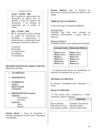 19 
Questões de Provas 
ANAC – CESPE - 2009 
44 O método de arquivamento dos 
documentos de arquivo deve ser 
definido a partir da natureza dos 
documentos e da estrutura da 
organização que os produz ou 
recebe. 
DPU – CESPE - 2010 
45 O instrumento auxiliar adotado 
na gestão de documentos que 
possibilita o arquivamento e, 
posteriormente, a recuperação desses 
documentos denomina-se plano de 
A) descarte. 
B) retenção. 
C) arquivamento. 
D) avaliação. 
E) classificação. 
MÉTODOS BÁSICOS DE ARQUIVAMENTO 
(Marilena Leite Paes) 
· ALFABÉTICO 
· GEOGRÁFICO 
· NUMÉRICOS 
Simples 
Dígito Terminal 
Cronológico 
· IDEOGRÁFICOS (Assunto) 
Alfabético 
enciclopédico 
dicionário 
Numéricos 
duplex 
decimal 
Sistema Direto: a busca do documento é 
realizada diretamente no local onde o documento 
está guardado. 
Sistema Indireto: para se localizar um 
documento é necessário utilizar um índice ou um 
código. 
ORDENAÇÃO ALFABÉTICA 
Existem dois tipos de ordenação alfabética. 
Letra por Letra 
Considera cada letra como elemento de 
ordenação. (desconsiderar o espaço entre as 
palavras). 
Palavra por Palavra 
Considera a palavra como elemento de ordenação. 
Letra por Letra Palavra por Palavra 
Monte Alegre 
Monte Branco 
Monteiro 
Monte Mor 
Montenegro 
Monte Sinai 
Monte Alegre 
Monte Branco 
Monte Mor 
Monte Sinai 
Monteiro 
Montenegro 
* As partículas não devem ser consideradas no 
momento da ordenação (de, da, dos, e,...) 
MÉTODO ALFABÉTICO 
O elemento considerado para ordenação é o 
Nome. 
Regras de Alfabetação 
1º) Para pessoa física considera-se o último 
sobrenome e depois o prenome. 
Alfabetado 
Paulino Macedo 
Pedro Paulo Silveira 
José Antunes Andrade 
Andrade, José Antunes 
Macedo, Paulino 
Silveira, Pedro Paulo 
 