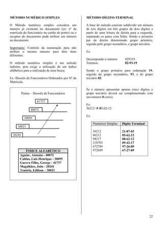 22 
MÉTODO NUMÉRICO SIMPLES 
O Método numérico simples considera um 
número já existente no documento (ex: nº de 
matrícula do funcionário no cartão de ponto) ou o 
receptor do documento pode atribuir um número 
ao documento. 
Importante: Controle da numeração para não 
atribuir o mesmo número para dois itens 
diferentes. 
O método numérico simples é um método 
indireto, pois exige a utilização de um índice 
alfabético para a realização de uma busca. 
Ex: Dossiês de Funcionários Ordenados por Nº de 
Matrícula. 
Pastas – Dossiês de Funcionários 
41737 
40072 
30095 
30021 
20241 
ÍNDICE ALFABÉTICO 
Aguiar, Antonio - 40072 
Caldas, Luis Henrique - 30095 
Guerra Filho, George - 41737 
Magalhães, João - 20241 
Tenório, Edilson – 30021 
MÉTODO DÍGITO-TERMINAL 
A base do método consiste subdividir um número 
de seis dígitos em três grupos de dois dígitos a 
partir de uma leitura da direita para a esquerda, 
separando os pares com hífen. Sendo o primeiro 
par da direita denominado grupo primário, 
seguido pelo grupo secundário, e grupo terciário. 
Ex: 
Decompondo o número 829319 
Teremos: 82-93-19 
Sendo o grupo primário para ordenação 19, 
seguido do grupo secundário, 93, e do grupo 
terciário 82. 
Se o número apresentar apenas cinco dígitos o 
grupo terciário deverá ser complementado com 
um número 0 (zero). 
Ex: 
56212  05-62-12 
Ex: 
Numérico Simples Dígito Terminal 
56212 
86212 
94217 
218703 
672789 
972689 
21-87-03 
05-62-12 
08-62-12 
09-42-17 
97-26-89 
67-27-89 
 