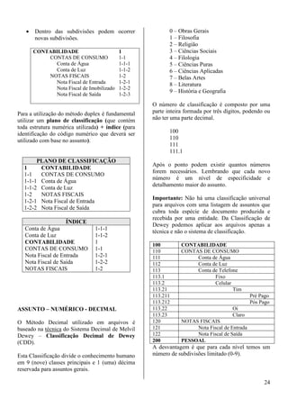 24 
· Dentro das subdivisões podem ocorrer 
novas subdivisões. 
CONTABILIDADE 1 
CONTAS DE CONSUMO 1-1 
Conta de Água 1-1-1 
Conta de Luz 1-1-2 
NOTAS FISCAIS 1-2 
Nota Fiscal de Entrada 1-2-1 
Nota Fiscal de Imobilizado 1-2-2 
Nota Fiscal de Saída 1-2-3 
Para a utilização do método duplex é fundamental 
utilizar um plano de classificação (que contém 
toda estrutura numérica utilizada) + índice (para 
identificação do código numérico que deverá ser 
utilizado com base no assunto). 
PLANO DE CLASSIFICAÇÃO 
1 CONTABILIDADE 
1-1 CONTAS DE CONSUMO 
1-1-1 Conta de Água 
1-1-2 Conta de Luz 
1-2 NOTAS FISCAIS 
1-2-1 Nota Fiscal de Entrada 
1-2-2 Nota Fiscal de Saída 
ÍNDICE 
Conta de Água 
Conta de Luz 
CONTABILIDADE 
CONTAS DE CONSUMO 
Nota Fiscal de Entrada 
Nota Fiscal de Saída 
NOTAS FISCAIS 
1-1-1 
1-1-2 
1 
1-1 
1-2-1 
1-2-2 
1-2 
ASSUNTO – NUMÉRICO - DECIMAL 
O Método Decimal utilizado em arquivos é 
baseado na técnica do Sistema Decimal de Melvil 
Dewey – Classificação Decimal de Dewey 
(CDD). 
Esta Classificação divide o conhecimento humano 
em 9 (nove) classes principais e 1 (uma) décima 
reservada para assuntos gerais. 
0 – Obras Gerais 
1 – Filosofia 
2 – Religião 
3 – Ciências Sociais 
4 – Filologia 
5 – Ciências Puras 
6 – Ciências Aplicadas 
7 – Belas Artes 
8 – Literatura 
9 – História e Geografia 
O número de classificação é composto por uma 
parte inteira formada por três dígitos, podendo ou 
não ter uma parte decimal. 
100 
110 
111 
111.1 
Após o ponto podem existir quantos números 
forem necessários. Lembrando que cada novo 
número é um nível de especificidade e 
detalhamento maior do assunto. 
Importante: Não há uma classificação universal 
para arquivos com uma listagem de assuntos que 
cubra toda espécie de documento produzida e 
recebida por uma entidade. Da Classificação de 
Dewey podemos aplicar aos arquivos apenas a 
técnica e não o sistema de classificação. 
100 CONTABILIDADE 
110 CONTAS DE CONSUMO 
111 Conta de Água 
112 Conta de Luz 
113 Conta de Telefone 
113.1 Fixo 
113.2 Celular 
113.21 Tim 
113.211 Pré Pago 
113.212 Pós Pago 
113.22 Oi 
113.23 Claro 
120 NOTAS FISCAIS 
121 Nota Fiscal de Entrada 
122 Nota Fiscal de Saída 
200 PESSOAL 
A desvantagem é que para cada nível temos um 
número de subdivisões limitado (0-9). 
 