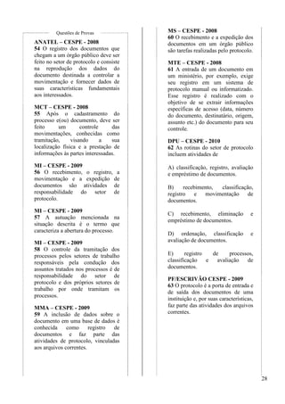 28 
Questões de Provas 
ANATEL – CESPE - 2008 
54 O registro dos documentos que 
chegam a um órgão público deve ser 
feito no setor de protocolo e consiste 
na reprodução dos dados do 
documento destinada a controlar a 
movimentação e fornecer dados de 
suas características fundamentais 
aos interessados. 
MCT – CESPE - 2008 
55 Após o cadastramento do 
processo e(ou) documento, deve ser 
feito um controle das 
movimentações, conhecidas como 
tramitação, visando a sua 
localização física e a prestação de 
informações às partes interessadas. 
MI – CESPE - 2009 
56 O recebimento, o registro, a 
movimentação e a expedição de 
documentos são atividades de 
responsabilidade do setor de 
protocolo. 
MI – CESPE - 2009 
57 A autuação mencionada na 
situação descrita é o termo que 
caracteriza a abertura do processo. 
MI – CESPE - 2009 
58 O controle da tramitação dos 
processos pelos setores de trabalho 
responsáveis pela condução dos 
assuntos tratados nos processos é de 
responsabilidade do setor de 
protocolo e dos próprios setores de 
trabalho por onde tramitam os 
processos. 
MMA – CESPE - 2009 
59 A inclusão de dados sobre o 
documento em uma base de dados é 
conhecida como registro de 
documentos e faz parte das 
atividades de protocolo, vinculadas 
aos arquivos correntes. 
MS – CESPE - 2008 
60 O recebimento e a expedição dos 
documentos em um órgão público 
são tarefas realizadas pelo protocolo. 
MTE – CESPE - 2008 
61 A entrada de um documento em 
um ministério, por exemplo, exige 
seu registro em um sistema de 
protocolo manual ou informatizado. 
Esse registro é realizado com o 
objetivo de se extrair informações 
específicas de acesso (data, número 
do documento, destinatário, origem, 
assunto etc.) do documento para seu 
controle. 
DPU – CESPE - 2010 
62 As rotinas do setor de protocolo 
incluem atividades de 
A) classificação, registro, avaliação 
e empréstimo de documentos. 
B) recebimento, classificação, 
registro e movimentação de 
documentos. 
C) recebimento, eliminação e 
empréstimo de documentos. 
D) ordenação, classificação e 
avaliação de documentos. 
E) registro de processos, 
classificação e avaliação de 
documentos. 
PF/ESCRIVÃO CESPE - 2009 
63 O protocolo é a porta de entrada e 
de saída dos documentos de uma 
instituição e, por suas características, 
faz parte das atividades dos arquivos 
correntes. 
 
