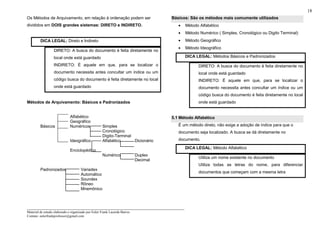 _____________________________________________________________________
Material de estudo elaborado e organizado por Euler Frank Lacerda Barros.
Contato: eulerfrankprofessor@gmail.com
18
Os Métodos de Arquivamento, em relação à ordenação podem ser
divididos em DOIS grandes sistemas: DIRETO e INDIRETO.
DICA LEGAL: Direto e Indireto
DIRETO: A busca do documento é feita diretamente no
local onde está guardado
INDIRETO: É aquele em que, para se localizar o
documento necessita antes concultar um índice ou um
código busca do documento é feita diretamente no local
onde está guardado
Métodos de Arquivamento: Básicos e Padronizados
Alfabético
Geográfico
Básicos Numéricos Simples
Cronológico
Dígito-Terminal
Ideográfico Alfabético Dicionário
Enciclopédico
Numérico Duplex
Decimal
Padronizados Variadex
Automático
Soundex
Rôneo
Mnemônico
Básicos: São os métodos mais comumente utilizados
• Método Alfabético
• Método Numérico ( Simples, Cronológico ou Digito Terminal)
• Método Geográfico
• Método Ideográfico
DICA LEGAL: Métodos Básicos e Padronizados
DIRETO: A busca do documento é feita diretamente no
local onde está guardado
INDIRETO: É aquele em que, para se localizar o
documento necessita antes concultar um índice ou um
código busca do documento é feita diretamente no local
onde está guardado
5.1 Método Alfabético
É um método direto, não exige a adoção de índice para que o
documento seja localizado. A busca se dá diretamente no
documento.
DICA LEGAL: Método Alfabético
Utiliza um nome existente no documento
Utiliza todas as letras do nome, para diferenciar
documentos que começam com a mesma letra
 