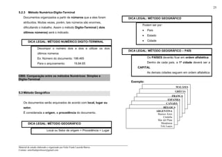 _____________________________________________________________________
Material de estudo elaborado e organizado por Euler Frank Lacerda Barros.
Contato: eulerfrankprofessor@gmail.com
25
5.2.3 Método Numérico-Digito-Terminal
Documentos organizados a partir de números que a eles foram
atribuídos. Muitas vezes, porém, tais números são enormes,
dificultando o trabalho. Assim o método Digito-Terminal ( dois
últimos números) será o indicado.
DICA LEGAL: MÉTODO NUMÉRICO DIGITO-TERMINAL
Decompor o número dois a dois e utilizar os dois
últimos números
Ex: Número do documento: 198.465
Para o arquivamento: 19.84.65
OBS: Comparação entre os métodos Numéricos: Simples e
Digito-Terminal
5.3 Método Geográfico
Os documentos serão arquivados de acordo com local, lugar ou
setor.
É considerada a origem, a procedência do documento.
DICA LEGAL: MÉTODO GEOGRÁFICO
Local ou Setor de origem = Procedência = Lugar
DICA LEGAL: MÉTODO GEOGRÁFICO
Podem ser por:
• País
• Estado
• Cidade
DICA LEGAL: MÉTODO GEOGRÁFICO – PAÍS
Os PAÍSES deverão ficar em ordem alfabética
Dentro de cada país, a 1ª cidade deverá ser a
CAPITAL
As demais cidades seguem em ordem alfabética
Exemplo:
MALÁSIA
GRÉCIA
FRANÇA
ESPANHA
CANADÁ
BÉLGICA
ARGENTINA
Buenos Aires
Córdoba
Mar del Plata
Mendonza
Três Lagos
 