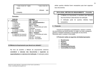 _____________________________________________________________________
Material de estudo elaborado e organizado por Euler Frank Lacerda Barros.
Contato: eulerfrankprofessor@gmail.com
28
* Casa inicial de 1 digito * Casa inicial de 3
digitos
* Utilizado pelo
CONARQ
Exemplos
DUPLEX DECIMAL
1 – PESSOAL
1-1 Férias
1-2 Admissão
1-3 Salários
1-4 Demissão
2 – FINACEIRO
2.1 Contas a pagar
2.2 Contas a receber
3 – MATERIAL
3.1 Material de consumo
3.2 Material permanente
020 – Pessoal
022 – Aperfeiçoamento e
treinamento
022.1 – Cursos
022.12 – Promovidos por outra
instituição
022.121 – No Brasil
022.122 – No Exterior
022.2 – Estágios
022.21 – Promovidos por outra
instituição
022.221 – No Brasil
022.222 – No Exterior
5.5 Método de Arquivamento que deverá ser adotado?
Na hora de escolher o Método de arquivamento devemos
considerar a natureza dos documentos ( especiais ou
especializados) e a estrutura da instituição. A instituição poderá
adotar quantos métodos forem necessários para bem organizar
seus documentos
DICA LEGAL: MÉTODO DE ARQUIVAMENTO - A escolha
O Método de Arquivameto é escolhido pela Natureza
dos documentos e pela estrutura da instituição
A instituição pode ter quantos métodos forem
necessários
6 Protocolo
Conjunto de operações e procedimentos visando o controle
dos documentos que ainda tramitam no órgão, de modo a assegurar,
garantir a imediata localização e recuperação do documento.
Garantido assim o acesso a informação.
O Protocolo realiza as seguintes atividades/operações:
• Recebimento
• Registro
• Autuação
• Classificação
• Expedição/Distribuição
• Controle/Movimentação
 