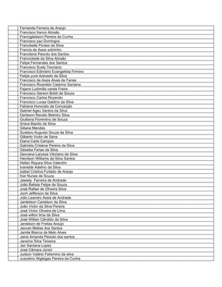 Fernanda Ferreira de Araújo
Francisco franco Abraão
Francigleidson Pereira da Cunha
Francisco paz Domingos
Francikelle Pontes da Silva
Francis de Assis sobrinho
Francilene Peixoto dos Santos
Francicleide da Silva Abraão
Felipe Fernandes dos Santos
Francisco Suely Teonácio
Francisco Edimário Evangelista Firmino
Felipe yure Azevedo da Silva
Francisco de Assis Alves de Farias
Francisco Rivanildo Catarino Santana
Fajane Ludimilla varela Freire
Francisco Gerson Bobô de Souza
Francisco Carlos Rozendo
Francisco Lucas Galdino da Silva
Fabiana Honorato da Conceição
Gabriel Ageu Santos da Silva
Gerleson Renato Belmiro Silva
Giulliana Florentino de Souza
Grace Basílio da Silva
Giliane Mendes
Gustavo Augusto Souza da Silva
Gilberto Victor de Sena
Giana Carla Campos
Gabriela Crislene Pereira da Silva
Géssika Farias da Silva
Geovana Laryssa Vitoriano da Silva
Handson Williams da Silva Santos
Hellen Rayara Silva Valentim
Ivaneide Adelino da Silva
Izabel Cristina Furtado de Araújo
Inar Nunes de Souza
Jawiely Ferreira de Andrade
João Batista Felipe de Souza
José Rafael de Oliveira Silva
Jonh Jefferson da Silva
Júlio Leandro Assis de Andrade
Jardeilson Carielson da Silva
João Victor da Silva Pereira
José Victor Oliveira de Lima
José wilton lima da Silva
José Willian Cândido da Silva
Janielson de Freitas Araújo
Jeovan Matias dos Santos
Jamile Bianca de Melo Alves
Jaine Amanda Peixoto dos santos
Janaína Silva Teixeira
Jair Santana Lopes
José Câmara Júnior
Judson Valério Felismino da silva
Juscelino Wgleigas Pereira da Cunha
 