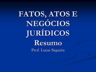 FATOS, ATOS E
NEGÓCIOS
JURÍDICOS
Resumo
Prof. Lucas Siqueira
 