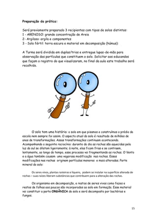 Preparação da prática:

Será previamente preparado 3 recipientes com tipos de solos distintos:
1 - ARENOSO: grande concentração de Areia
2- Argiloso: argila e componentes
3 - Solo fértil: terra escura e material em decomposição (húmus):

A Turma será dividida em duplas/trios e entregue lupas-de-mão para
observação das partículas que constituem o solo. Solicitar aos educandos
que façam o registro do que visualizaram, no final da aula este trabalho será
recolhido.




        O solo tem uma história: o solo em que pisamos e construímos o prédio da
escola nem sempre foi assim. O aspecto atual do solo é resultado de milhões de
anos de transformações. Assas transformações continuam acontecendo.
Acompanhando o seguinte raciocínio: durante do dia as rochas são aquecidas pela
luz do sul se dilatam ligeiramente; à noite, elas ficam frias e se contraem,
lentamente, ao longo do tempo, esse processo vai fragmentando as rochas. O Vento
e a água também causam uma vagarosa modificação nas rochas. Essas
modificações nas rochas originam partículas menores e mais alteradas. Parte
mineral do solo:

        Os seres vivos, plantas rasteiras e líquens, podem se instalar na superfície alterada de
rochas – suas raízes liberam substâncias que contribuem para a alteração das rochas.

       Os organismo em decomposição, e restos de seres vivos como fezes e
restos de folhas aos poucos são incorporados ao solo em formação. Esse material
vai constituir a parte ORGÂNICA do solo e será decomposto por bactérias e
fungos.



                                                                                              15
 