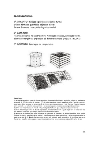 PROCEDIMENTOS:

1º MOMENTO: diálogos e provocações com a turma:
De que forma as queimadas degradar o solo?
De que forma as chuva pode degradar o solo?

2° MOMENTO:
Texto explicativo no quadro sobre Adubação orgânica, adubação verde,
adubação inorgânica. Explicação da matéria na lousa. (pag 138, 139, 142)

3º MOMENTO: Montagem da composteira.




Como fazer
1) recipiente de madeira (caixa de frutas de madeira, levadas pelo facilitador) ou tijolos, coloque os resíduos na
proporção de 25% de restos de comida e 75% de materiais secos - papéis, papelão e palha. É preciso respeitar
essas quantidades para que os alimentos não se tornem uma massa compacta e mal cheirosa. Pequenos espaços
entre a comida e os materiais secos garantem o ar necessário para o processo de decomposição acontecer.
2) Ponha mais material seco em cima da pilha, umedeça bastante com água e depois cubra a composteira.
3) Deixe descansar por cerca de 15 dias. Depois disso, revire o material com a ajuda da pá, mais ou menos uma vez
por semana e acrescente água sempre que a mistura estiver seca demais.
4) A duração do processo pode variar em função da quantidade de resíduos e da umidade disponível, entre outros
fatores. Por isso, é importante estar atento à transformação que passa a acontecer - o lixo começa a ganhar o
aspecto de solo fértil. Quando isso acontecer, o novo solo pode ser usado para cultivo de hortaliças, plantas e
flores. Se a muda for muito pequena e a aparência do solo estiver ruim, recomenda-se peneirá-lo antes do uso




                                                                                                               21
 