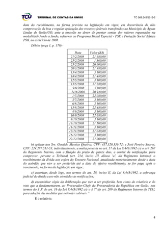 TRIBUNAL DE CONTAS DA UNIÃO TC 009.043/2015-2
4
data do recolhimento, na forma prevista na legislação em vigor, em decorrência da não
comprovação da boa e regular aplicação dos recursos federais transferidos ao Município de Águas
Lindas de Goiás/GO, ante a omissão no dever de prestar contas dos valores repassados na
modalidade fundo a fundo, referente ao Programa Social Especial - PSE e Proteção Social Básica
PSB, no exercício de 2008.
Débito (peça 1, p. 170):
Data Valor (R$)
21/2/2008 21.980,00
25/2/2008 1.360,00
25/2/2008 20.600,00
20/3/2008 21.980,00
15/4/2008 3.100,00
18/4/2008 21.480,00
12/5/2008 3.100,00
15/5/2008 21.280,00
9/6/2008 3.100,00
11/6/2008 20.940,00
1/7/2008 22.080,00
3/7/2008 3.100,00
6/8/2008 3.100,00
15/8/2008 22.480,00
4/9/2008 3.100,00
10/9/2008 22.680,00
8/10/2008 3.100,00
13/10/2008 21.500,00
11/11/2008 3.100,00
12/11/2008 21.040,00
16/12/2008 3.100,00
22/12/2008 27.000,00
b) aplicar aos Srs. Geraldo Messias Queiroz, CPF: 457.320.356-72; e José Pereira Soares,
CPF: 224.287.551-53, individualmente, a multa prevista no art. 57 da Lei 8.443/1992 c/c o art. 267
do Regimento Interno, com a fixação do prazo de quinze dias, a contar da notificação, para
comprovar, perante o Tribunal (art. 214, inciso III, alínea ‘a’, do Regimento Interno), o
recolhimento da dívida aos cofres do Tesouro Nacional, atualizada monetariamente desde a data
do acórdão que vier a ser proferido até a data do efetivo recolhimento, se for paga após o
vencimento, na forma da legislação em vigor;
c) autorizar, desde logo, nos termos do art. 28, inciso II, da Lei 8.443/1992, a cobrança
judicial da dívida caso não atendidas as notificações;
d) encaminhar cópia da deliberação que vier a ser proferida, bem como do relatório e do
voto que a fundamentarem, ao Procurador-Chefe da Procuradoria da República em Goiás, nos
termos do § 3º do art. 16 da Lei 8.443/1992 c/c o § 7º do art. 209 do Regimento Interno do TCU,
para adoção das medidas que entender cabíveis.”
É o relatório.
 