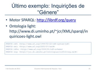 Último exemplo: Inquirições de
“Génere”
• Motor SPARQL: http://librdf.org/query
• Ontologia light:
http://www.di.uminho.pt/~jcr/XML/sparql/in
quiricoes-light.owl
5 de Outubro de 2013 Encontro Internacional de Arquivos - Faro 25
PREFIX rdf: <http://www.w3.org/1999/02/22-rdf-syntax-ns#>
PREFIX owl: <http://www.w3.org/2002/07/owl#>
PREFIX rdfs: <http://www.w3.org/2000/01/rdf-schema>
PREFIX inq: <http://jcr.di.uminho.pt/ontologias/rc2012/inq.owl#>
 