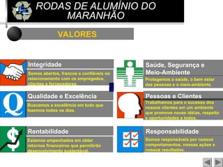 VALORES
RODAS DE ALUMÍNIO DO
MARANHÃO
Integridade
Somos abertos, francos e confiáveis no
relacionamento com os empregados,
clientes e fornecedores.
Saúde, Segurança e
Meio-Ambiente
Protegemos a saúde, o bem estar
das pessoas e o meio-ambiente.
Qualidade e Excelência
Buscamos a excelência em tudo que
fazemos todos os dias.
Pessoas e Clientes
Trabalhamos para o sucesso dos
nossos clientes em um ambiente
que promove novas idéias, respeito
e oportunidades a todos.
Rentabilidade
Estamos empenhados em obter
retornos financeiros que permitirão
desenvolvimento sustentável.
Responsabilidade
Somos responsáveis por nossos
comportamentos, nossas ações e
nossos resultados.
 