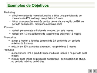 Marketing
– atingir e manter de maneira lucrativa e ética uma participação de
mercado de 40% ao longo dos próximos 3 anos
– iniciar as operações em três pontos de venda, na região de BH, no
período de 6 meses, mantendo o retorno atual
Pessoas
– reduzir pela metade o índice de turnover, em seis meses
– reduzir em 1/3 os acidentes de trabalho nos próximos 12 meses
Financeiros
– atingir e manter a liquidez corrente de 2:1 dentro de um período
máximo de 6 meses
– reduzir em 30% as contas a receber, nos próximos 3 meses
Produção
– aumentar em 10% a produtividade média na fábrica II no período de 8
meses
– instalar duas linhas de produção na fábrica I , sem suprimir as atuais,
no período máximo de 90 dias
Exemplos de Objetivos
 
