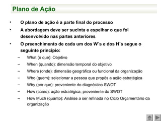 Plano de Ação
• O plano de ação é a parte final do processo
• A abordagem deve ser sucinta e espelhar o que foi
desenvolvido nas partes anteriores
• O preenchimento de cada um dos W´s e dos H´s segue o
seguinte princípio:
– What (o que): Objetivo
– When (quando): dimensão temporal do objetivo
– Where (onde): dimensão geográfica ou funcional da organização
– Who (quem): selecionar a pessoa que propôs a ação estratégica
– Why (por que): proveniente do diagnóstico SWOT
– How (como): ação estratégica, proveniente do SWOT
– How Much (quanto): Análise a ser refinada no Ciclo Orçamentário da
organização
 