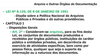 Arquivo e Outros Órgãos de Documentação
• LEI Nº 8.159, DE 8 DE JANEIRO DE 1991
–Dispõe sobre a Política Nacional de Arquivos
Públicos e Privados e dá outras providências.
• CAPÍTULO I
– Disposições Gerais
• Art. 2º - Consideram-se arquivos, para os fins desta
Lei, os conjuntos de documentos produzidos e
recebidos por órgãos públicos, instituições de caráter
público e entidades privadas, em decorrência do
exercício de atividades específicas, bem como por
pessoa física, qualquer que seja o suporte da
informação ou a natureza dos documentos.
 