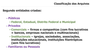Classificação dos Arquivos
Segundo entidades criadas:
– Públicos
• Federal, Estadual, Distrito Federal e Municipal
– Privados
• Comerciais – firmas e companhias (com fins lucrativos
= bancos, empresas nacionais e multinacionais)
• Institucionais – igrejas, sociedades, associações,
instituições educacionais, instituições filantrópicas
(sem fins lucrativos)
– Familiares ou Pessoais
 