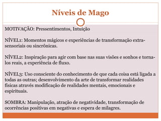 MOTIVAÇÃO: Pressentimentos, Intuição
NÍVEL1: Momentos mágicos e experiências de transformação extra-
sensoriais ou sincrônicas.
NÍVEL2: Inspiração para agir com base nas suas visões e sonhos e torna-
los reais, a experiência de fluxo.
NÍVEL3: Uso consciente do conhecimento de que cada coisa está ligada a
todas as outras; desenvolvimento da arte de transformar realidades
físicas através modificação de realidades mentais, emocionais e
espirituais.
SOMBRA: Manipulação, atração de negatividade, transformação de
ocorrências positivas em negativas e espera de milagres.
Níveis de Mago
 