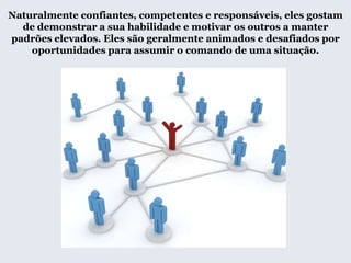 Naturalmente confiantes, competentes e responsáveis, eles gostam
de demonstrar a sua habilidade e motivar os outros a manter
padrões elevados. Eles são geralmente animados e desafiados por
oportunidades para assumir o comando de uma situação.
 