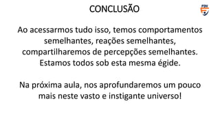 Ao acessarmos tudo isso, temos comportamentos
semelhantes, reações semelhantes,
compartilharemos de percepções semelhantes.
Estamos todos sob esta mesma égide.
Na próxima aula, nos aprofundaremos um pouco
mais neste vasto e instigante universo!
CONCLUSÃO
 