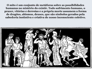 O mito é um conjunto de metáforas sobre as possibilidades
humanas no mistério do existir. Todo sofrimento humano, o
prazer, vitórias e derrotas e a própria morte assumem a forma
de dragões, abismos, deuses, que são símbolos gerados pela
sabedoria instintiva e criativa de nosso inconsciente coletivo.
 