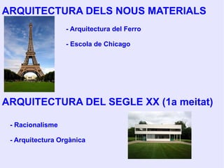 ARQUITECTURA DELS NOUS MATERIALS ARQUITECTURA DEL SEGLE XX (1a meitat) - Arquitectura del Ferro - Escola de Chicago - Racionalisme - Arquitectura Orgànica 