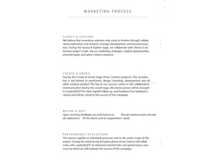 -
-
.M A R K E T I N G P R O C E S S
S U R V E Y & E X P L O R E
We believe that innovative solutions only come to fruition through collabo -
rative exploration and research, strategic development, and focused execu -
tion. During the Survey & Explore stage, we collaborate with clients to de -
termine project scope, discuss marketing strategies, explore opportunities,
prioritize goals, and select creative solutions.
C R E AT E & U N V E I L
During the Create & Unveil stage Arrae Creative produces. This includes,
but is not limited to wireframes, design, branding, development and all
other creative product.The key to our success comes in the collaborative
communication during the unveil stage. All creative pieces will be brought
to LeaderQUEST for client signoff, follow up, and feedback.Your feedback is
valued and will be critical to the success of this campaign.
R E F I N E & E D I T
Upon receiving feedback, we work hard to re ne all creative assets and edit
all collateral to t the client’s and its cooperatives’ needs.
P E R F O R M A N C E E V A L U AT I O N
This process applies to individual processes and to the entire scope of the
project. During the initial Survey & Explore phase,Arrae Creative will collab -
orate with LeaderQUEST to determine benchmarks and performance mea -
sures by which we will evaluate the success of the campaign.
 