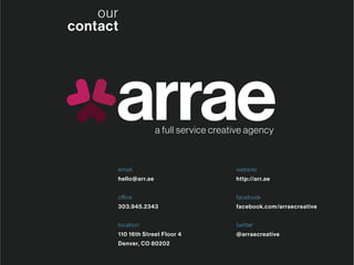 our
contact
email
hello@arr.ae
office
303.945.2343
location
110 16th Street Floor 4
Denver, CO 80202
website
http://arr.ae
facebook
facebook.com/arraecreative
twitter
@arraecreative
a full service creative agency
 